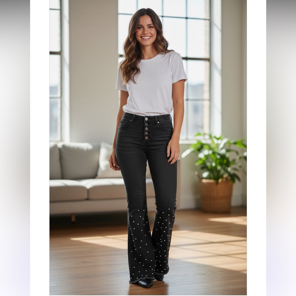 Banjul Black Flare Jeans with White pearl Accents